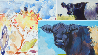 The Sunday Art Show - Belted Galloway Cows and Flowers Painting - Ten Hundred art prompt competition - I entered