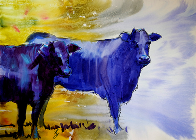 Cow art for sale- Black cattle painting - Angus cow, welsh black cows