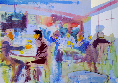 Lost and found edges in impressionist watercolor painting of a restaurant interior