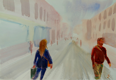 Lost in a Daydream - Watercolor painting of people walking through city centre