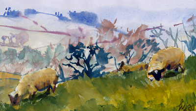 The Sunday Art Show - Sheep and Dartmoor landscape watercolor and acrylic painting